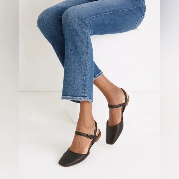 Madewell | Women’s Black Leather The Jeanne Slingback Adjustable Strap Flats 7 - Picture 14 of 16